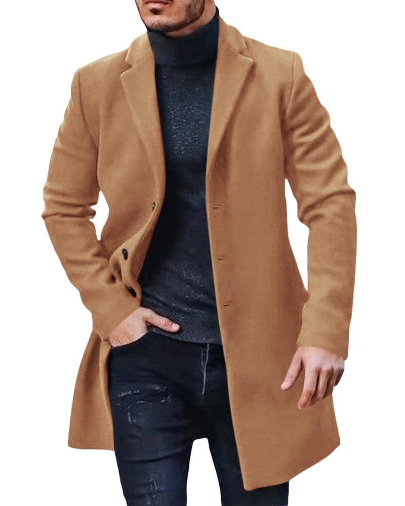 PASLTER Mens Cotton Business Trench Topcoats Winter Heavyweight Warm Single Breasted Coats Khaki - Image 1